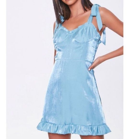 FOREVER 21 SATIN LIKE BLUE MINI DRESS SZ.L EUC - Picture 1 of 10